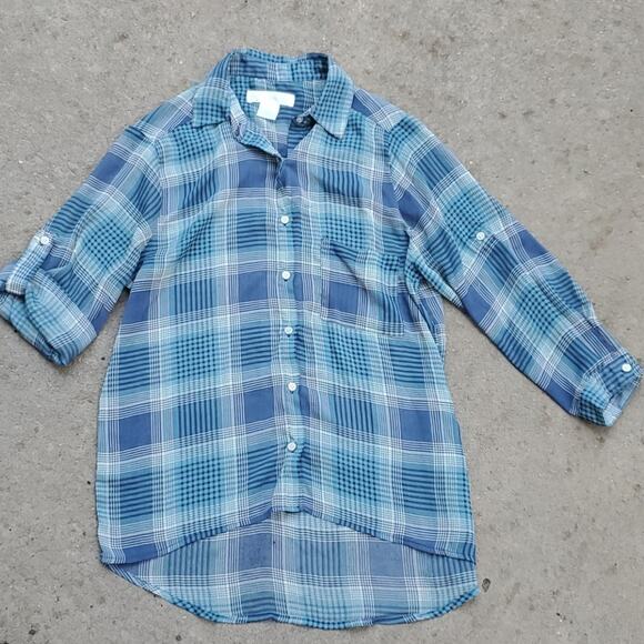 Band of Gypsies sheer plaid roll tab button up shirt green blue gray XS - Picture 1 of 6